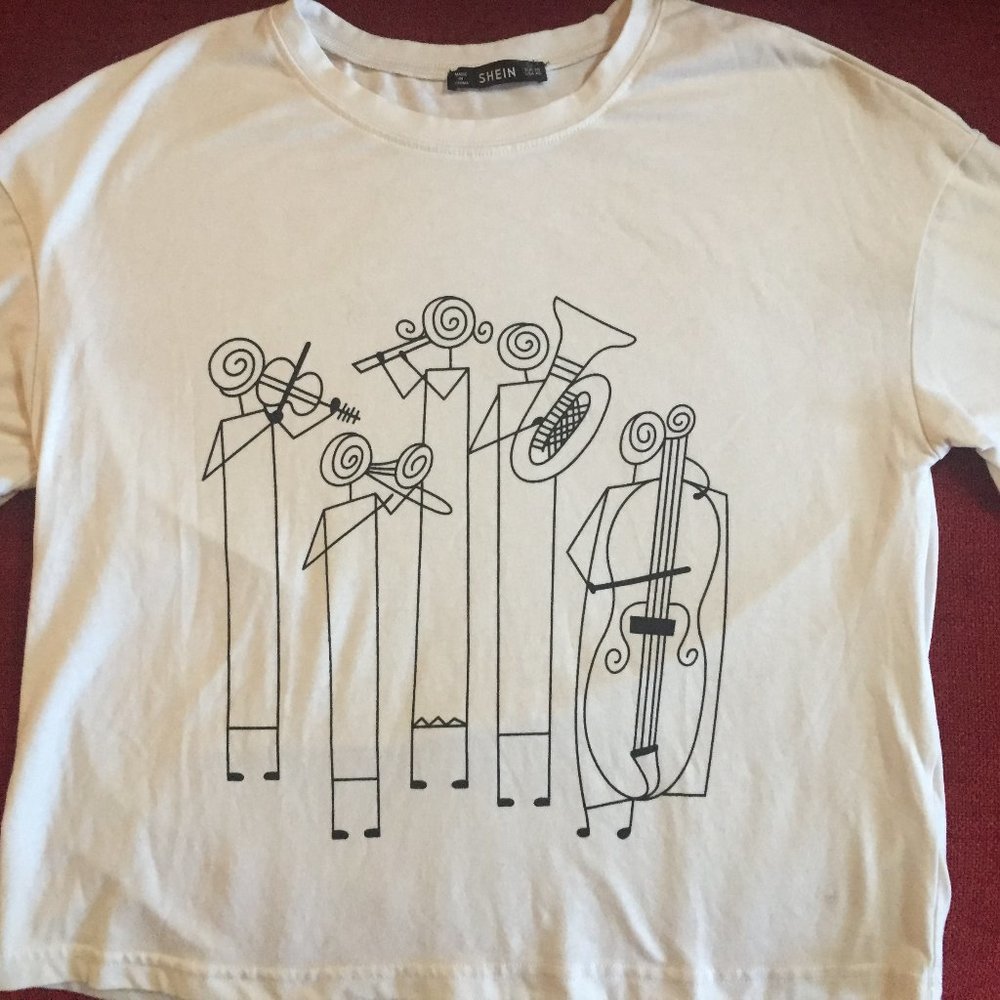 SHEIN cropped white baby tee with music art